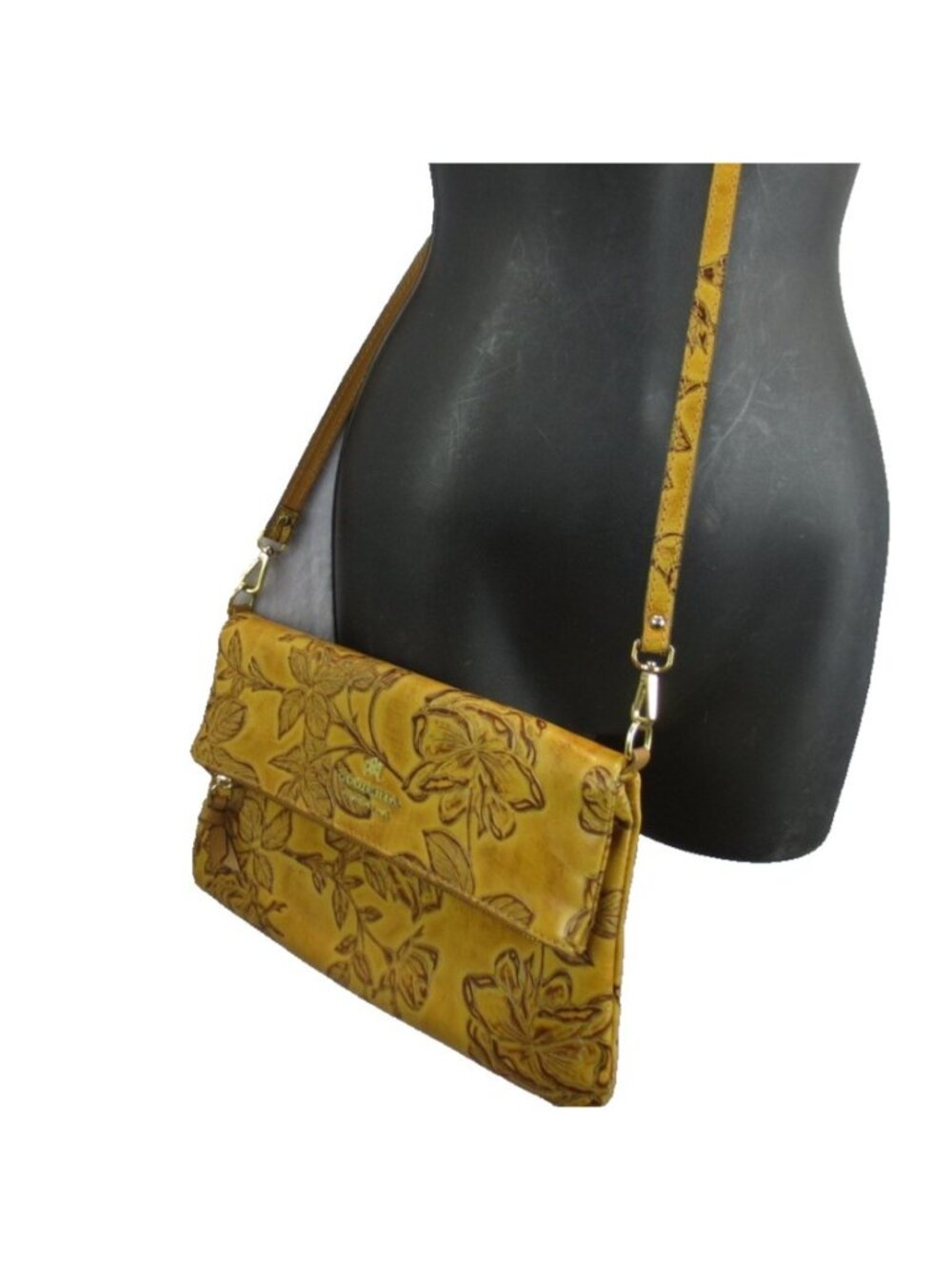 Cuoieria Fiorentina Genuine Tooled Leather Foldover Shoulder Bag Tan Flora Italy - Picture 12 of 16